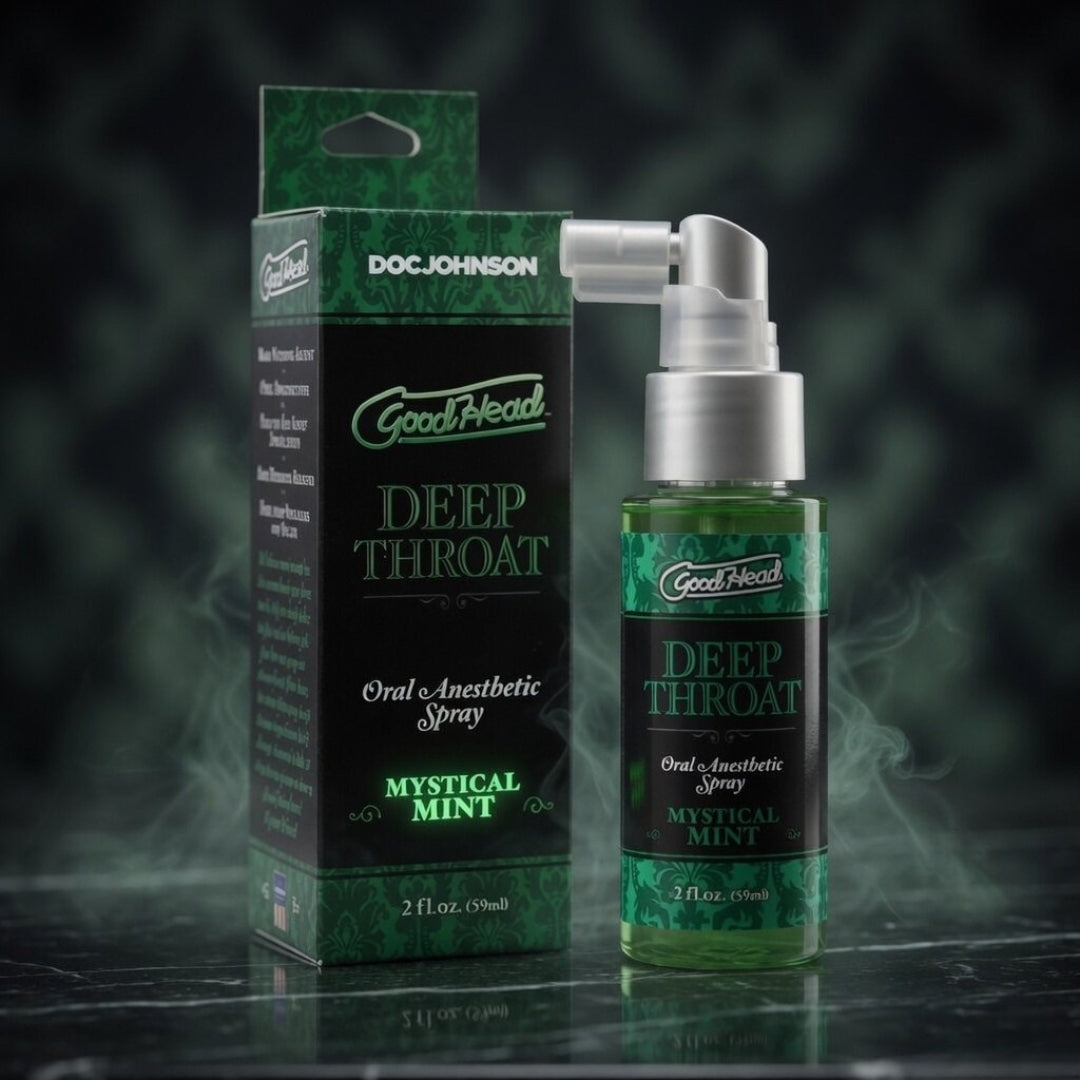 GoodHead Deep Throat Oral Anesthetic Spray packaging and bottle on a dark background