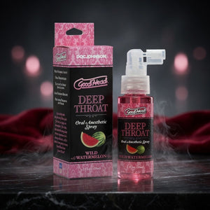 GoodHead Deep Throat Oral Anesthetic Spray packaging and bottle on a dark background with red accents.