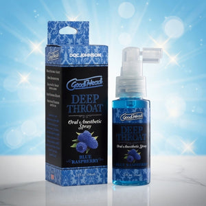 GoodHead Deep Throat Oral Anesthetic Spray with packaging on a sparkling blue background