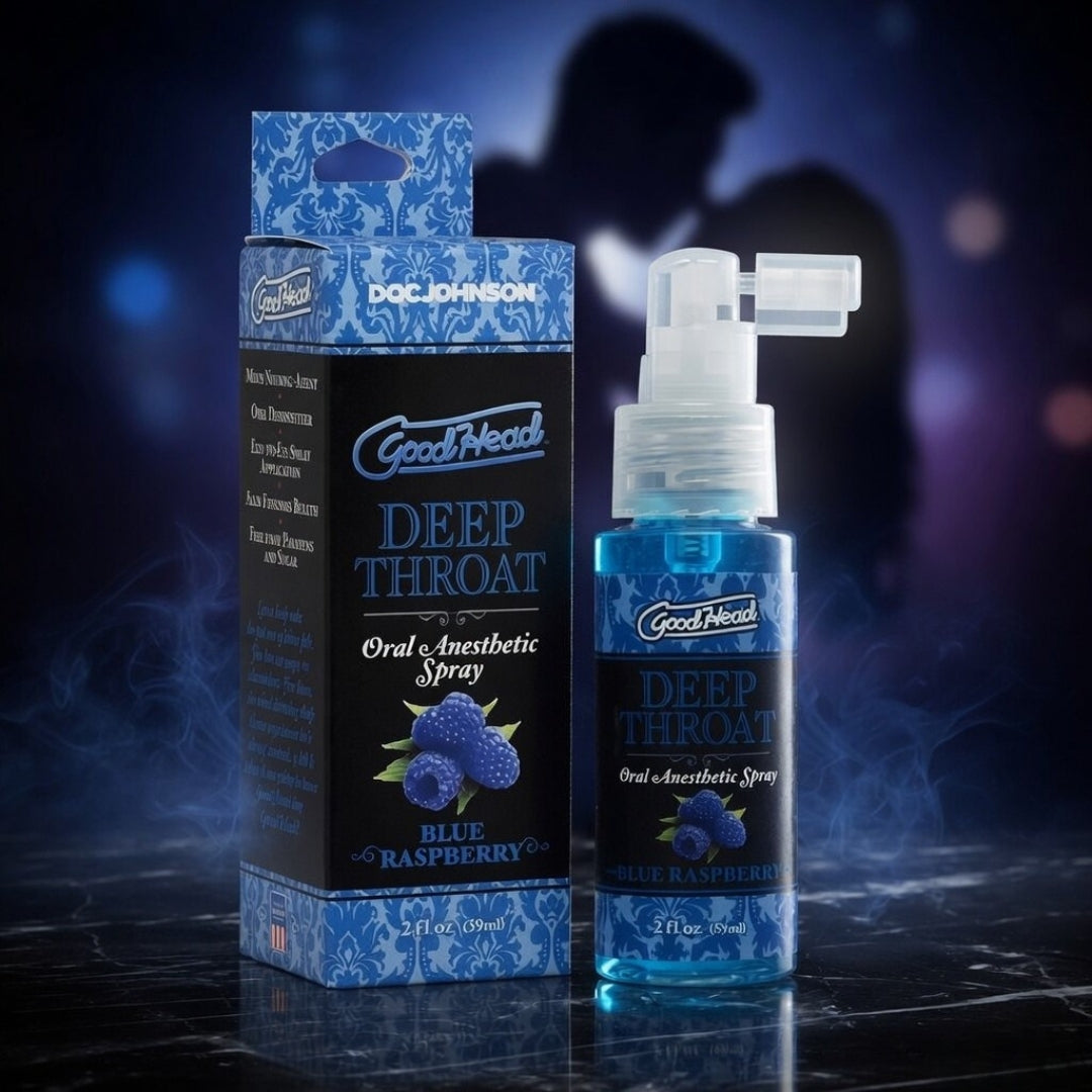 GoodHead Deep Throat Oral Anesthetic Spray with packaging on a dark background