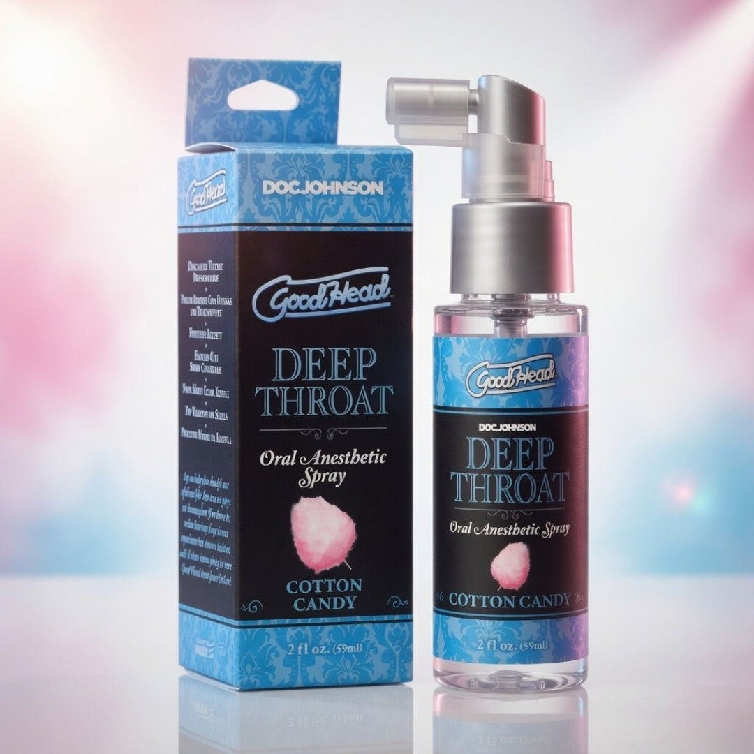 Goodhead Deep Throat Oral Anesthetic Spray and packaging on a gradient background