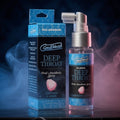 GoodHead Deep Throat Oral Anesthetic Spray packaging and bottle on a dark background with smoke effects.