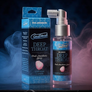 GoodHead Deep Throat Oral Anesthetic Spray packaging and bottle on a dark background with smoke effects.