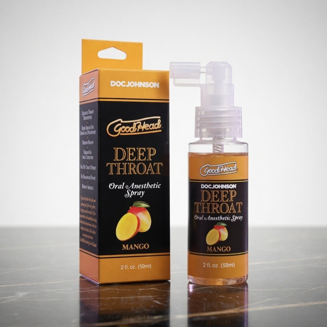 GoodHead Deep Throat Oral Anesthetic Spray with packaging on a reflective surface