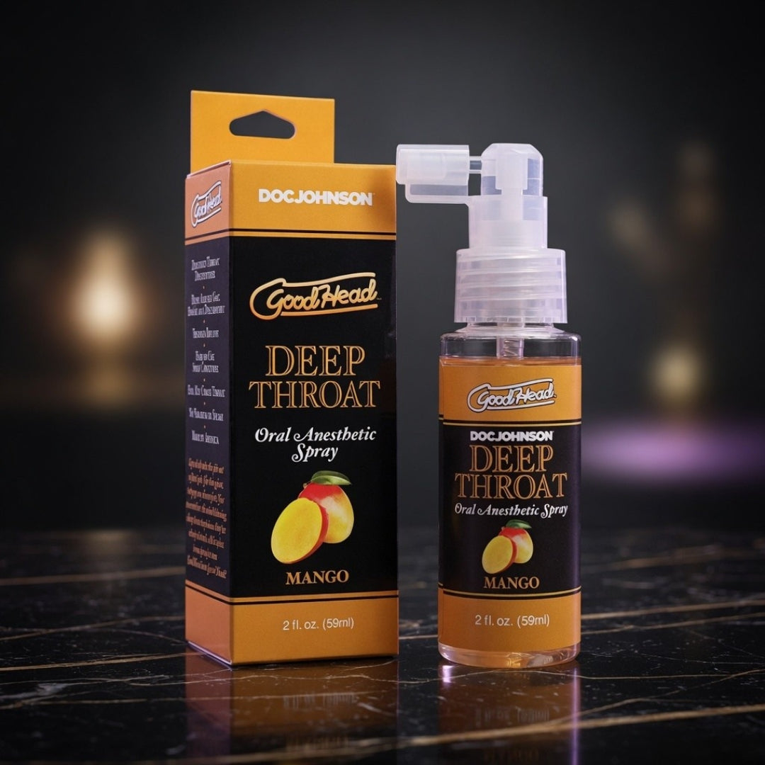 GoodHead Deep Throat Oral Anesthetic Spray packaging and bottle on a dark background