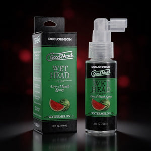 GoodHead Wet Head Dry Mouth Spray packaging and bottle on a dark background