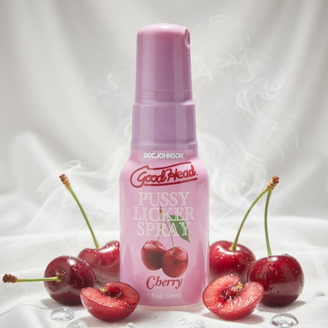 Good Heads Pussy Licker Spray with cherries on a white background