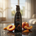 Bottle of Wicked Sweet Peach flavored lubricant with peaches on a reflective surface.