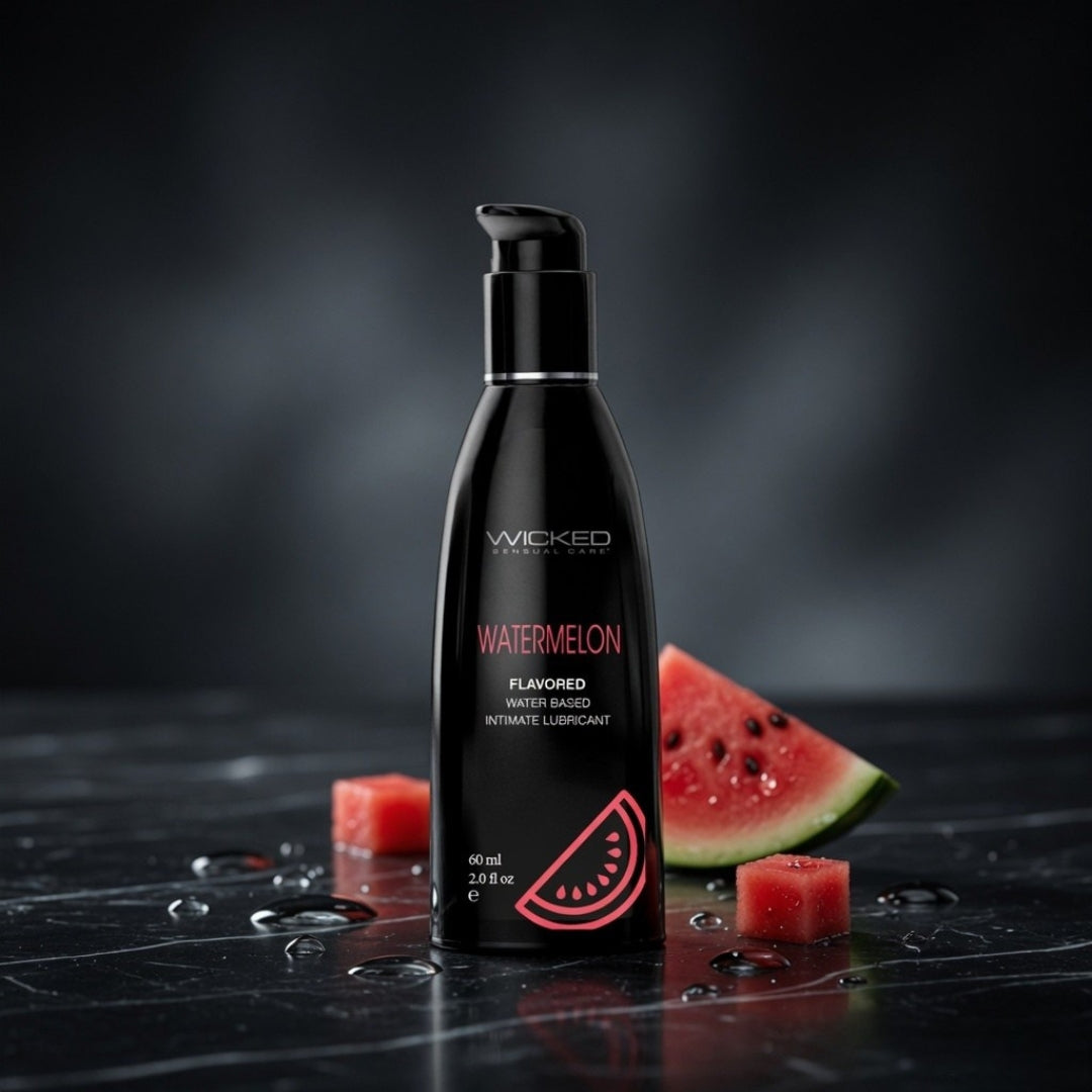 Black bottle of Wicked Watermelon flavored water-based lubricant on a dark surface with watermelon pieces.
