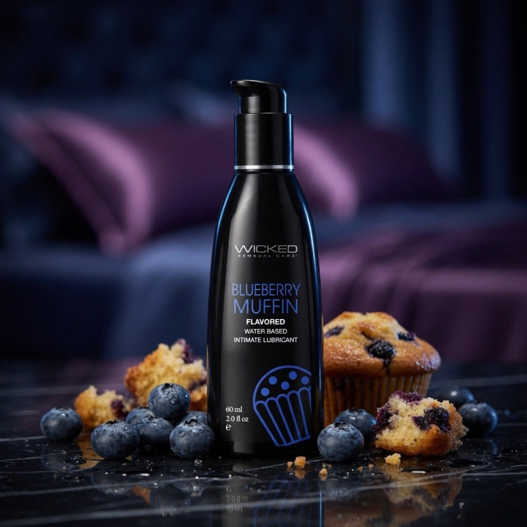 Bottle of Wicked Blueberry Muffin flavored lubricant with blueberries and muffins on a dark surface.