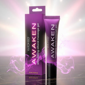 Wicked Awaken product packaging on a reflective surface with a purple glow.