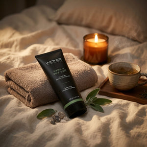 A black tube of Wicked London Sage & Sea Salt Exfoliating Body Wash is styled on a bed with a folded beige towel, a lit candle, a cup of tea, and green leaves.