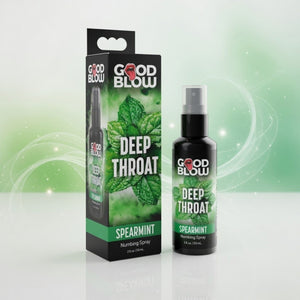 Good Blow Deep Throat Spearmint numbing spray packaging and bottle on a white background with green accents.