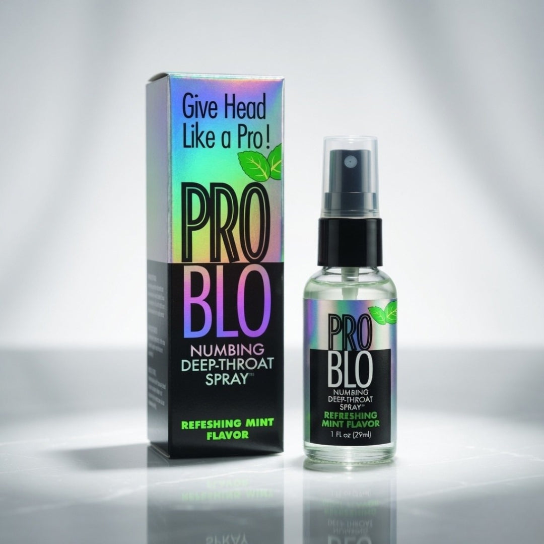 PRO BLO numbing deep-throat spray with packaging on a gray background