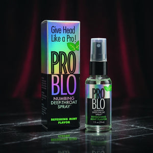 PRO BLO numbing deep-throat spray with packaging on a reflective surface