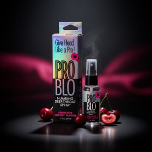 PRO BLO numbing deep-throat spray with packaging and cherries on a dark background