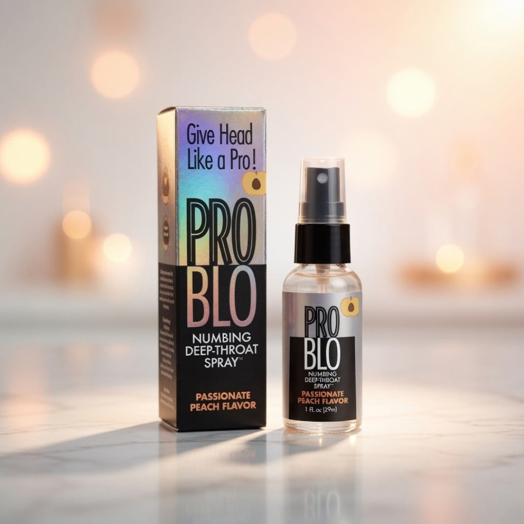 PRO BLO numbing deep-throat spray with packaging on a blurred background