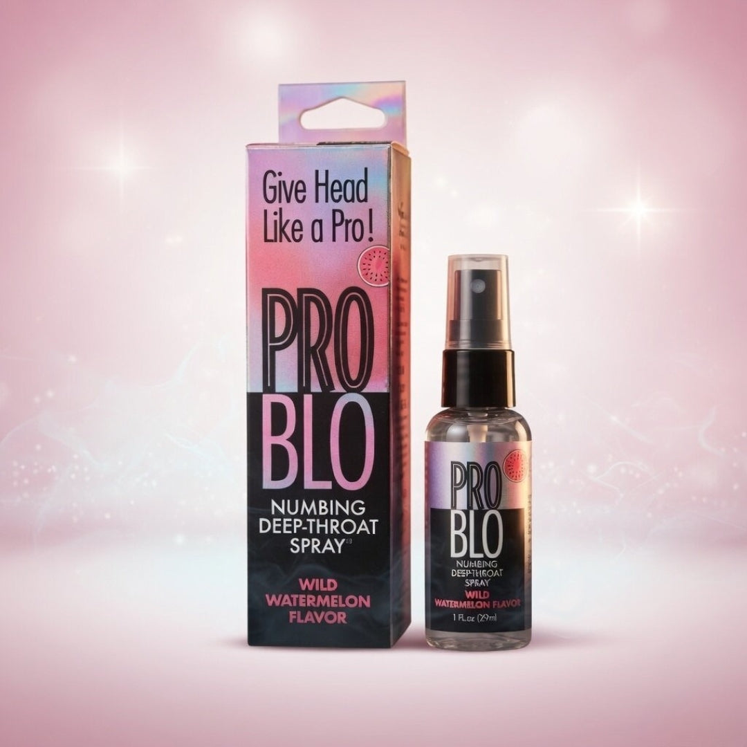 PRO BLO numbing deep-throat spray bottle and packaging on a pink gradient background