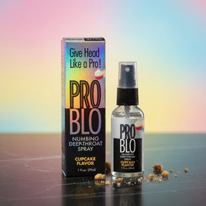 PRO BLO numbing deep-throat spray with packaging on a gradient background