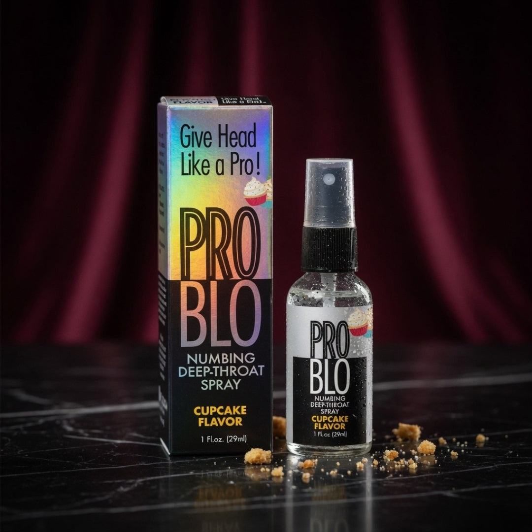 PRO BLO numbing deep-throat spray with packaging on a dark background