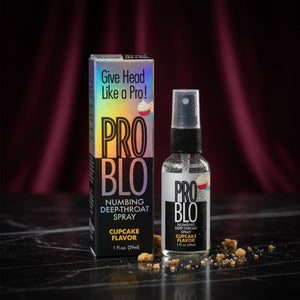 PRO BLO numbing deep-throat spray with packaging on a dark background