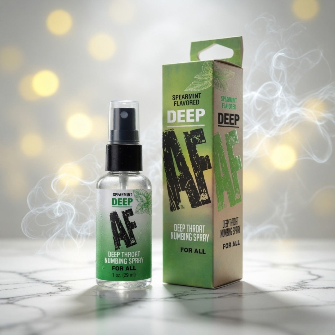 Spray bottle and packaging of Spearmint Flavored Deep AF Deep Throat Numbing Spray on a light background.