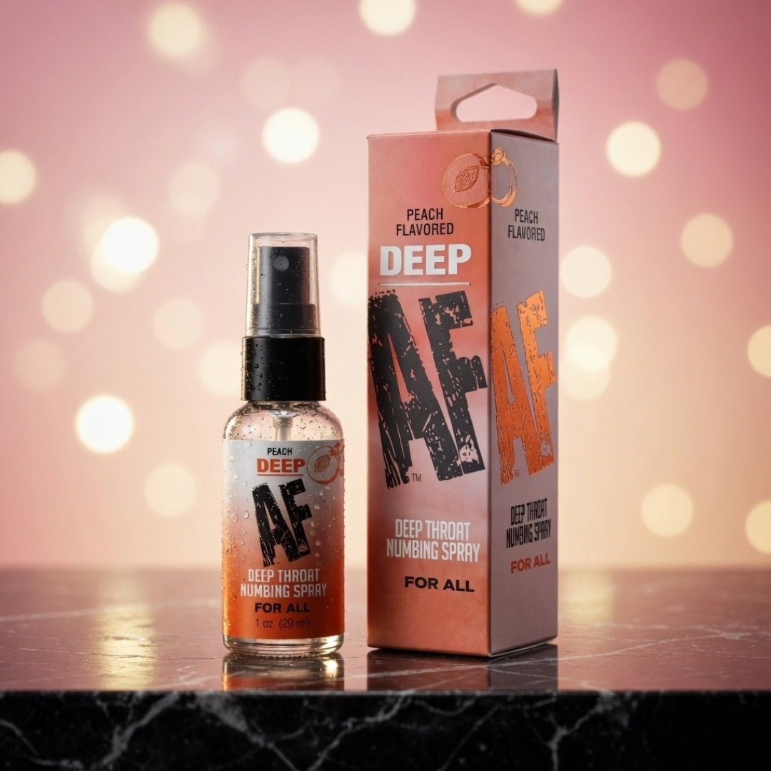 DEEP AF deep throat numbing spray bottle and packaging on a reflective surface with a blurred light background