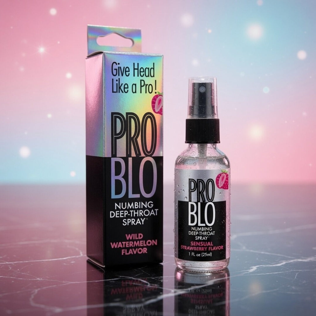 PRO BLO numbing deep-throat spray with packaging on a gradient background