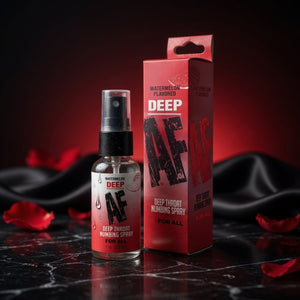 Deep throat numbing spray bottle and packaging on a dark surface with red accents.