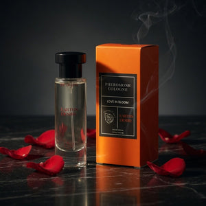 Cartier Desire cologne bottle and packaging with red rose petals on a dark surface