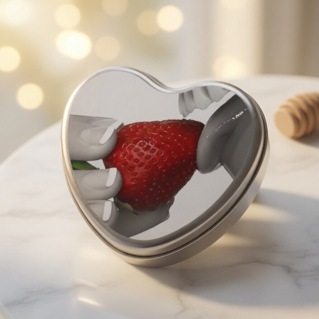 Heart-shaped container with a strawberry on a marble surface