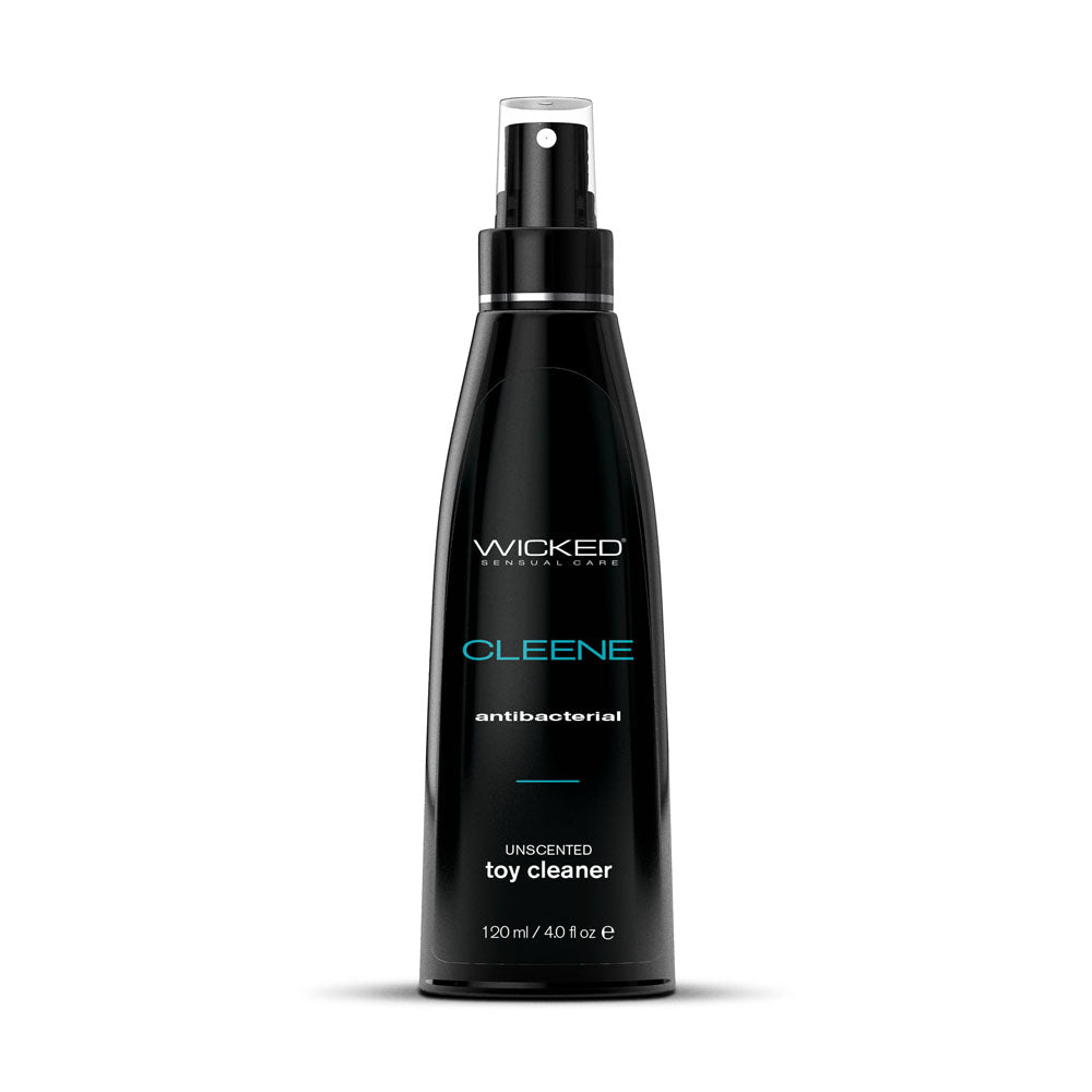 Black spray bottle labeled 'Wicked' with 'Cleene' on a white background