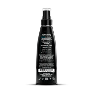 Black spray bottle with label on a white background