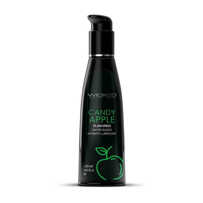 Black bottle of Wicked Candy Apple flavored water-based lubricant on a white background