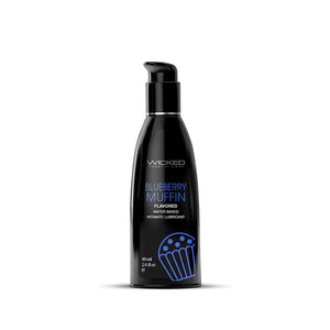 Black bottle of Wicked Blueberry Muffin flavored lubricant on a white background