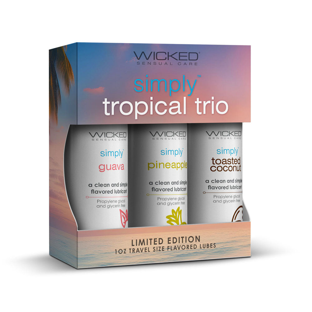 Wicked Sensual Care Simply Tropical Trio packaging with three travel-sized containers.