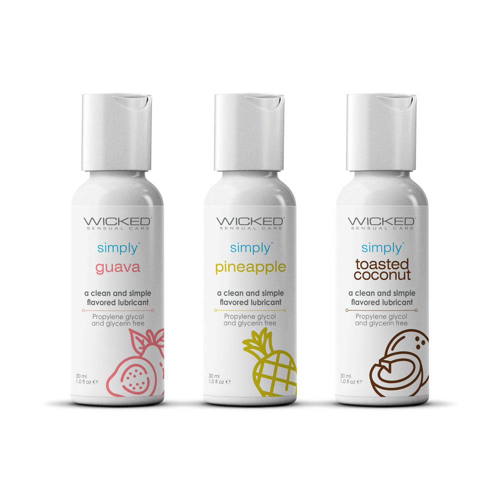 Three bottles of Wicked lubricant with flavor labels on a white background