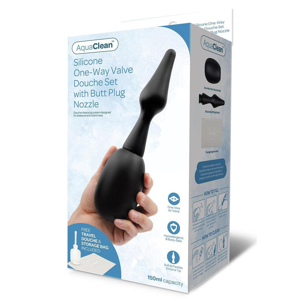 AquaClean Body-Safe Silicone Douche Set with Butt Plug Nozzle – 150 ml Capacity & Bonus Travel Douche Included