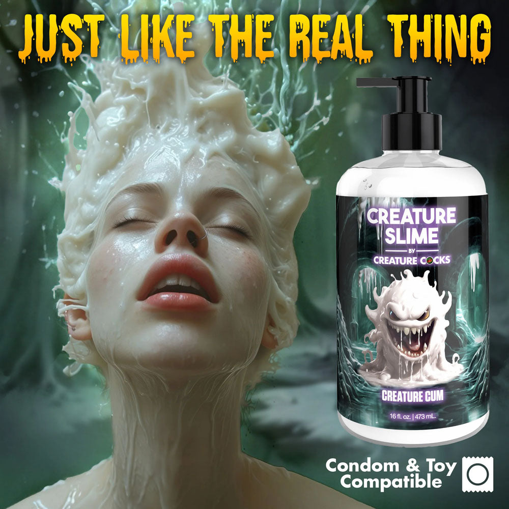 Bottle of 'Creature Slime' with a person covered in slime, text 'Just Like The Real Thing'.