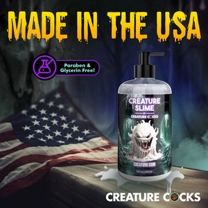 Bottle of 'Creature Slime' with an American flag in the background and text indicating 'Made in the USA'.