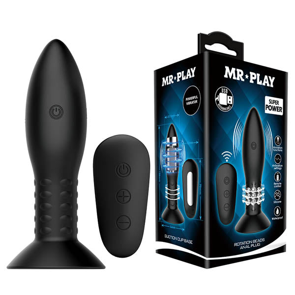 MR PLAY Rechargeable Beaded Anal Plug - Wireless Remote Control Black Butt Plug with Rotation Beads