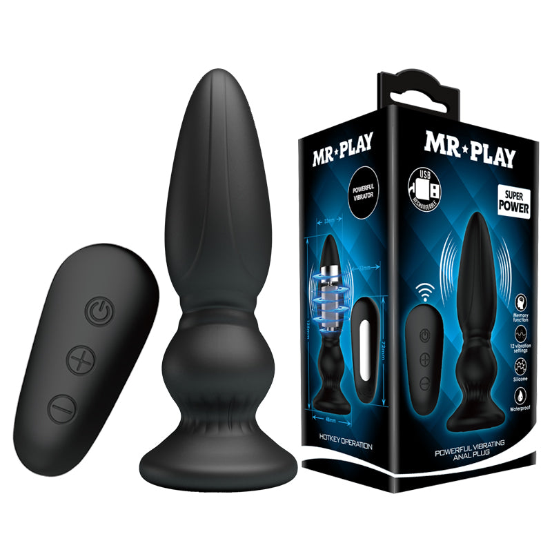 MR PLAY Rechargeable Powerful Vibrating Anal Plug - 12.5 cm Black Remote-Controlled Wellness Toy