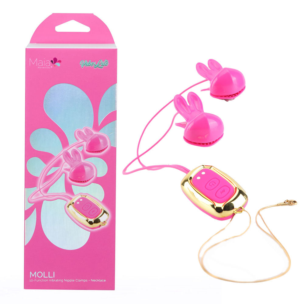 Maia MOLLI Pink Vibrating Nipple Clamps & Necklace - USB Rechargeable Bondage Toy