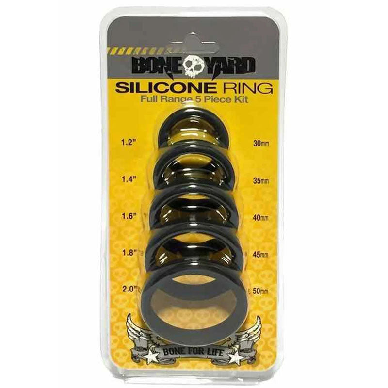 Boneyard Body-Safe Silicone Cock Ring Set - 5 Sizes in Black for Enhanced Pleasure