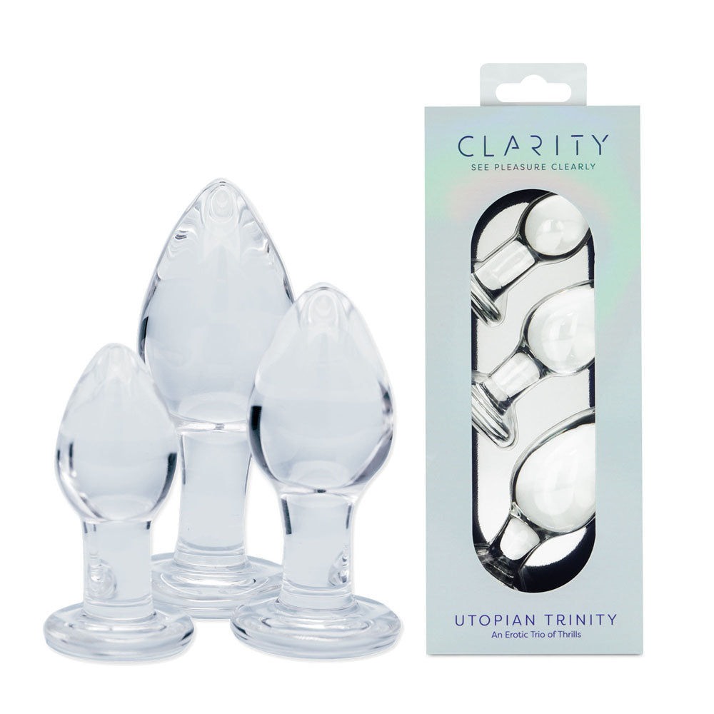 Clarity Utopian Trinity Clear Glass Butt Plugs – Set of 3 Sizes (Body-Safe, Gender-Neutral, Wellness-Focused)