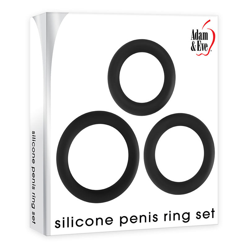 Adam & Eve Body-Safe Silicone Penis Ring Set - Black Cock Rings for Enhanced Performance - 3 Sizes Included