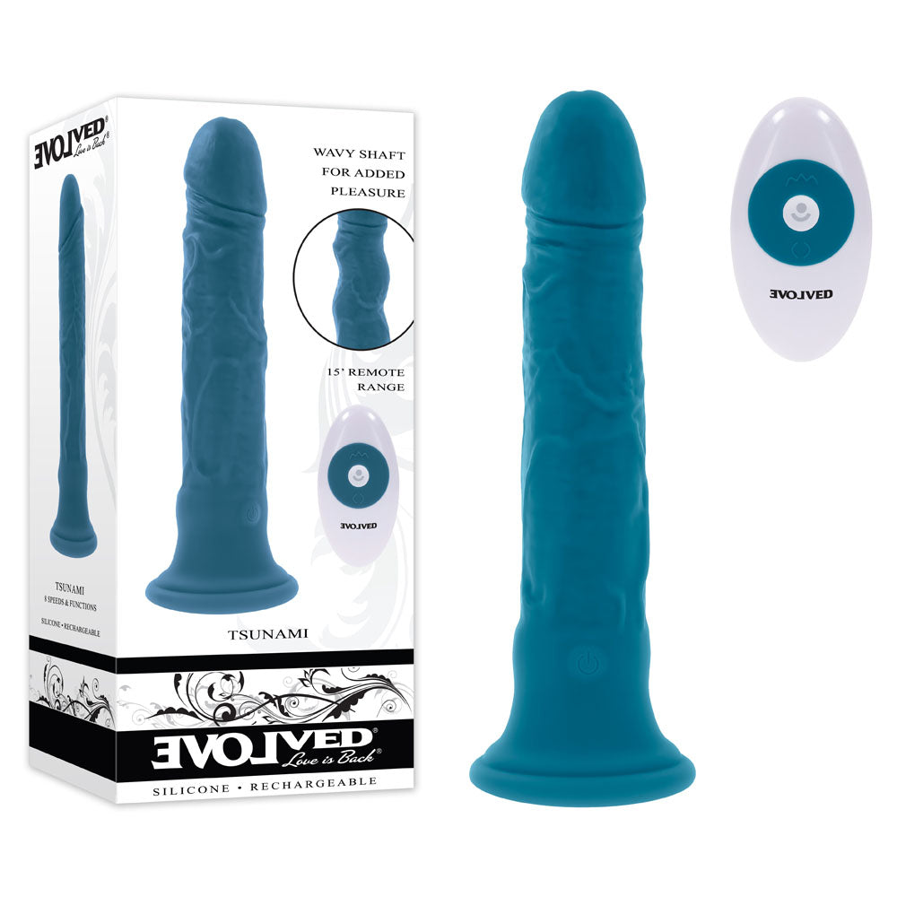 Evolved TSUNAMI - Body-Safe Silicone Vibrating Dong with Remote Control – 18.4 cm in Ocean Blue (USB Rechargeable)