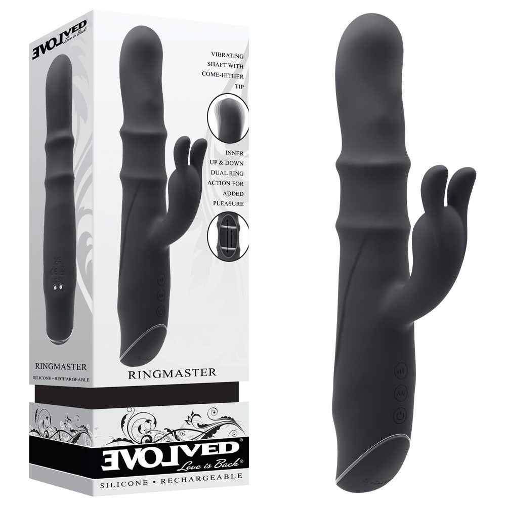 Evolved RINGMASTER - Black USB Rechargeable Rabbit Vibrator (23.1 cm, Body-Safe Silicone)