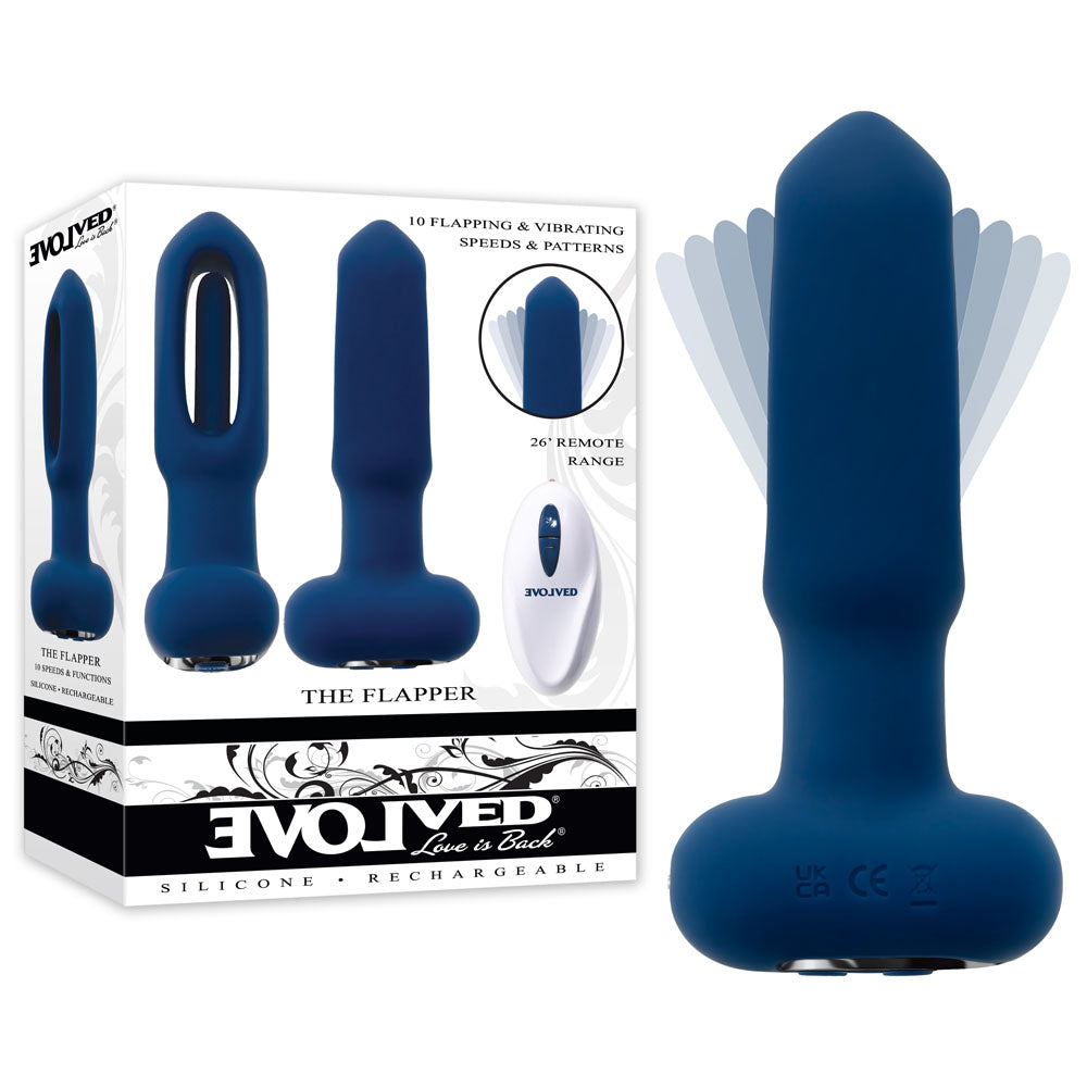 Evolved THE FLAPPER - 14 cm USB Rechargeable Vibrating and Flapping Butt Plug with Remote Control - Gender-Neutral Wellness Toy in Blue