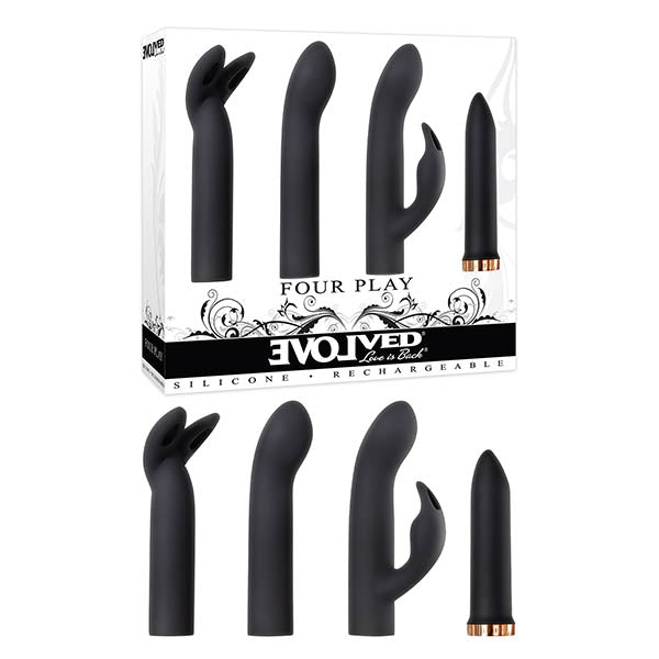Evolved Four Play - Versatile Black USB Rechargeable Bullet Vibrator with 3 Customizable Sleeves (Body-Safe Silicone)